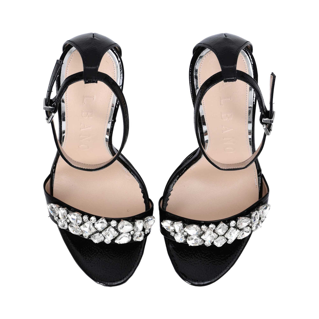 Albano Women's Black Patent Leather Crystal-Toe Heeled Sandal