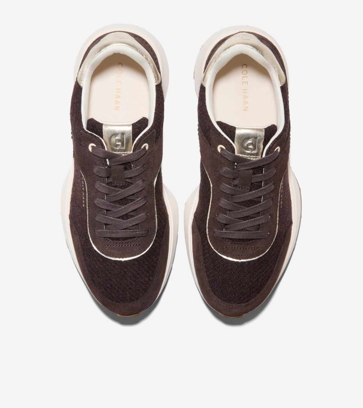 W34884:CH DK CHOCOLATE SUEDE/WOOL/SOFT GOLD/WHITE