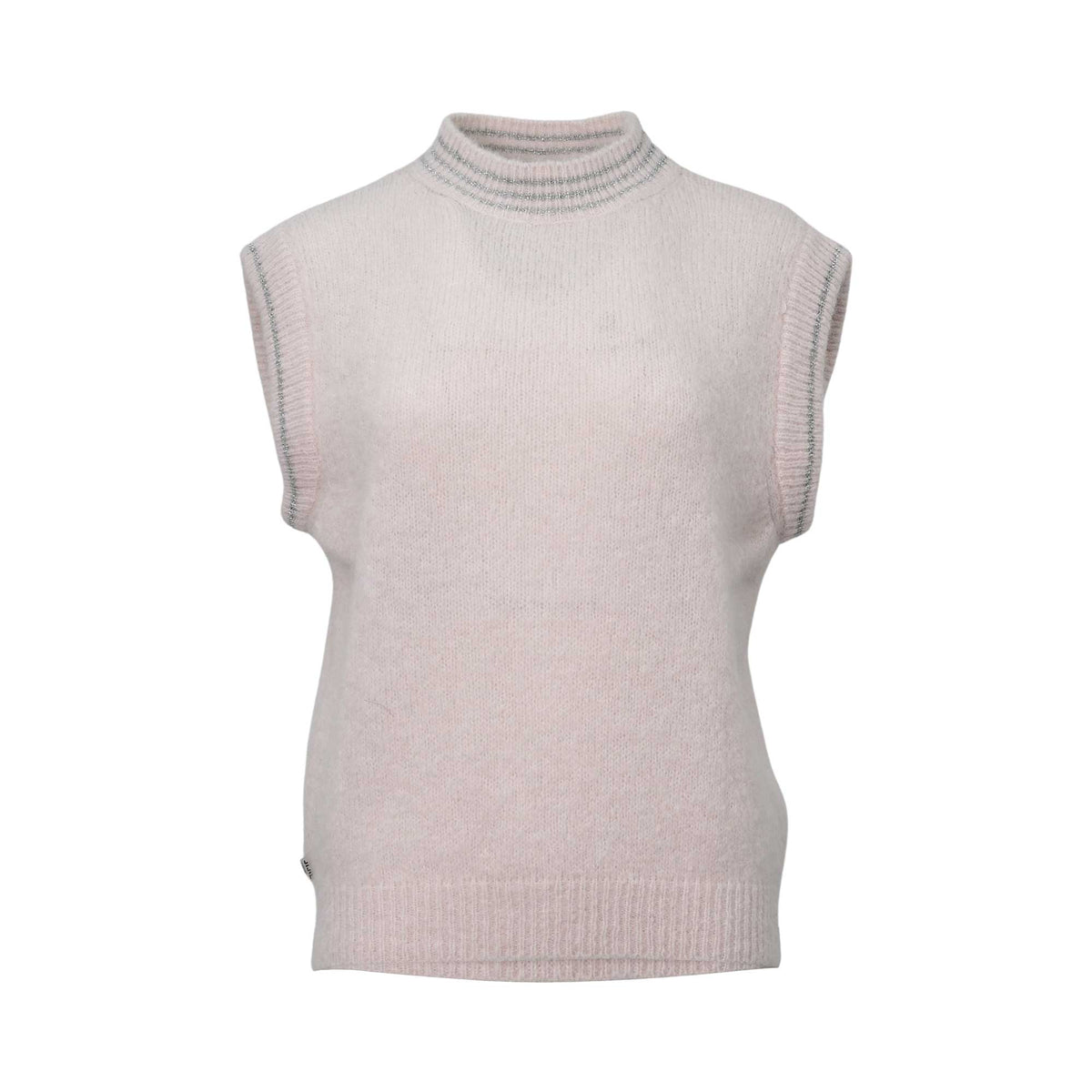 Front view of a JIJIL light pink sleeveless knitted vest featuring a mock neck and silver metallic striped trim on the collar and armholes.