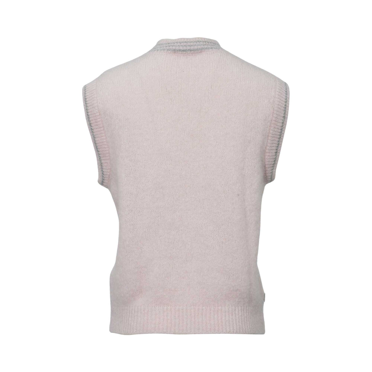 Back view of the JIJIL pale pink knit vest showing the ribbed hem and shimmering silver lurex details on the neck and sleeves.