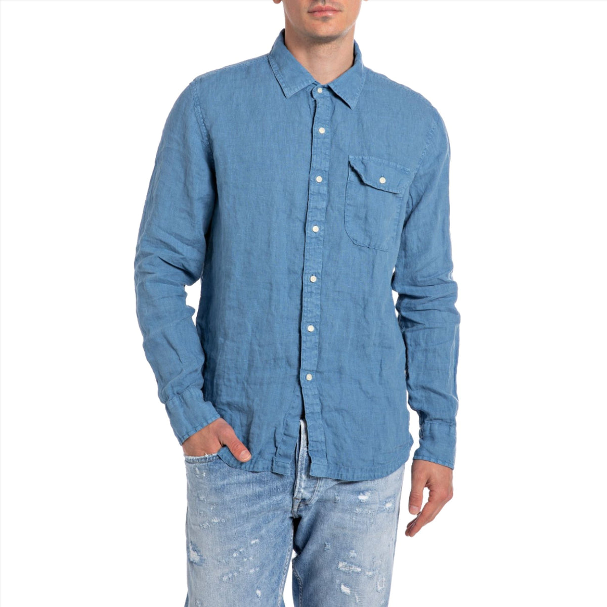 Replay Men's  Regular Fit Shirt in Linen with Pocket