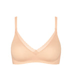 Product-only view of the Sloggi Body Adapt Twist soft bra in powder orange, highlighting the mesh neckline and wire-free construction. Find Now Online