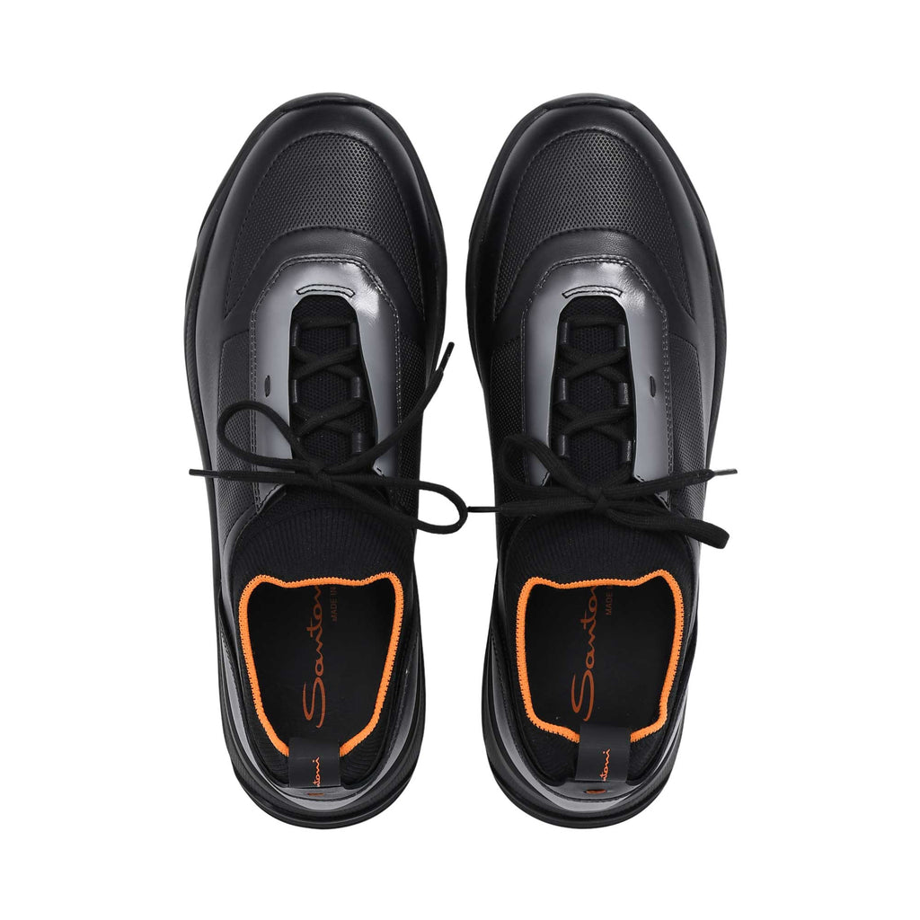 Santoni Men's Hybrid Black & Orange Leather & Knit Sneaker