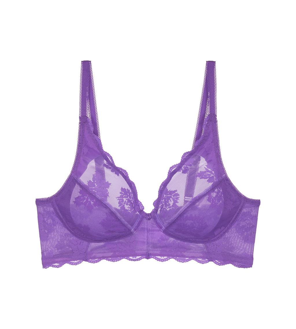 Triumph Amourette 300 Summer non-wired bra in purple front product-only view, featuring unpadded floral embroidery. Available Now