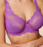Triumph Amourette 300 Summer wired bra in purple model close-up view, detailing unpadded floral lace cups and supportive underwiring. Shop Online Today