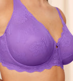 Triumph Amourette 300 Summer wired bra in purple second model close-up view, detailing unpadded floral lace cups and supportive underwiring. Shop Online Today