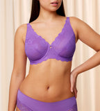 Triumph Amourette 300 Summer wired bra in purple second model front view, featuring unpadded floral lace cups and supportive underwiring. Shop Online Today