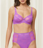 Triumph Amourette 300 Summer wired bra in purple third model front view, featuring unpadded floral lace cups and supportive underwiring. Shop Online Today