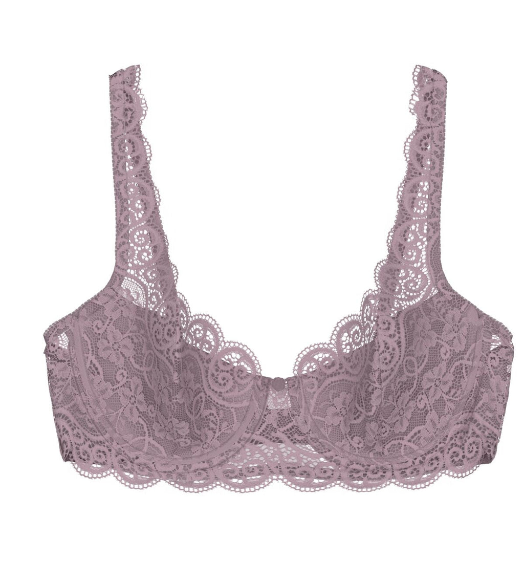 Triumph Amourette 300 wired padded bra in purple product-only view, showcasing the floral lace overlay. Shop Online Today