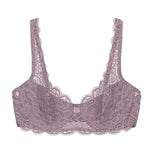 Triumph Amourette 300 wired padded bra in purple product-only view, showcasing the floral lace overlay. Shop Online Today