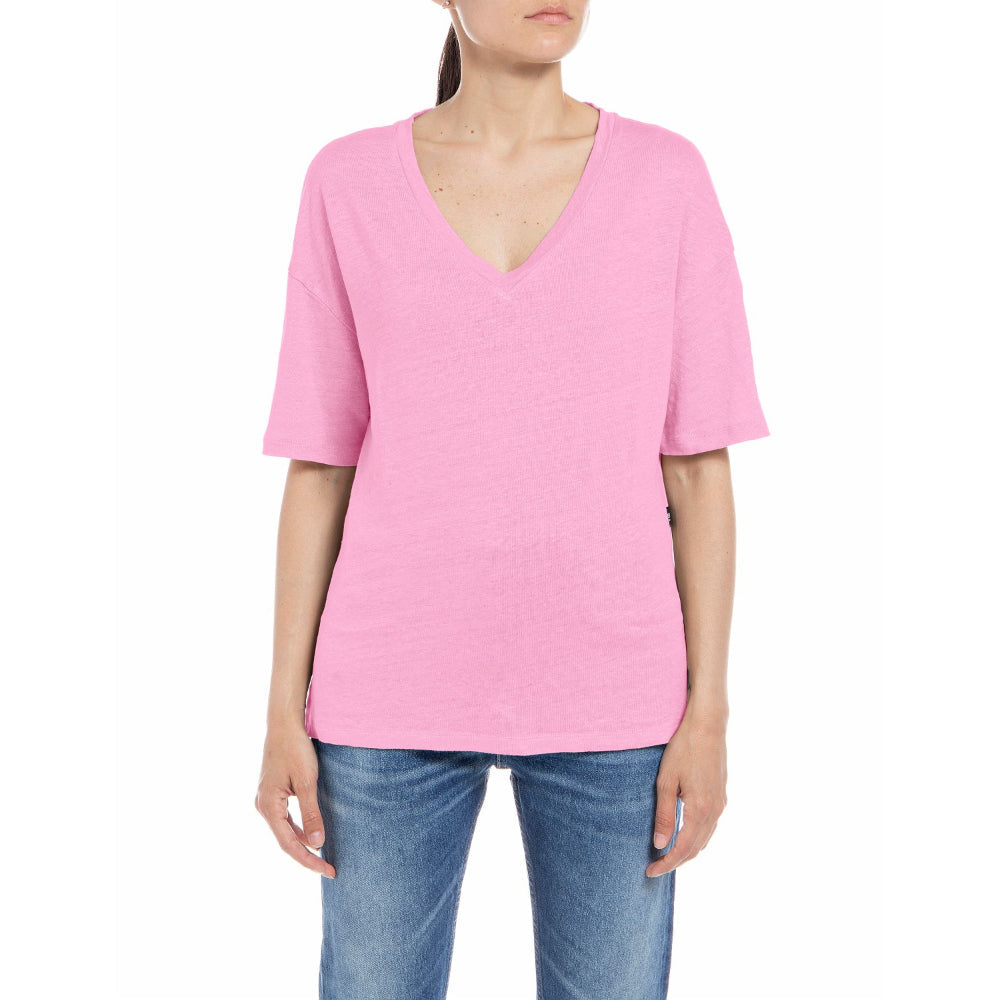 Replay Women's V-neck T-shirt in Stretch Linen