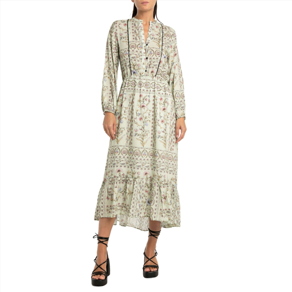 Replay Women's Long Dress with Frill in Viscose Satin