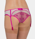 Back view of model wearing the Triumph Romance Spotlight pink suspender belt, showcasing the floral embroidery and adjustable satin straps. Find Now Online