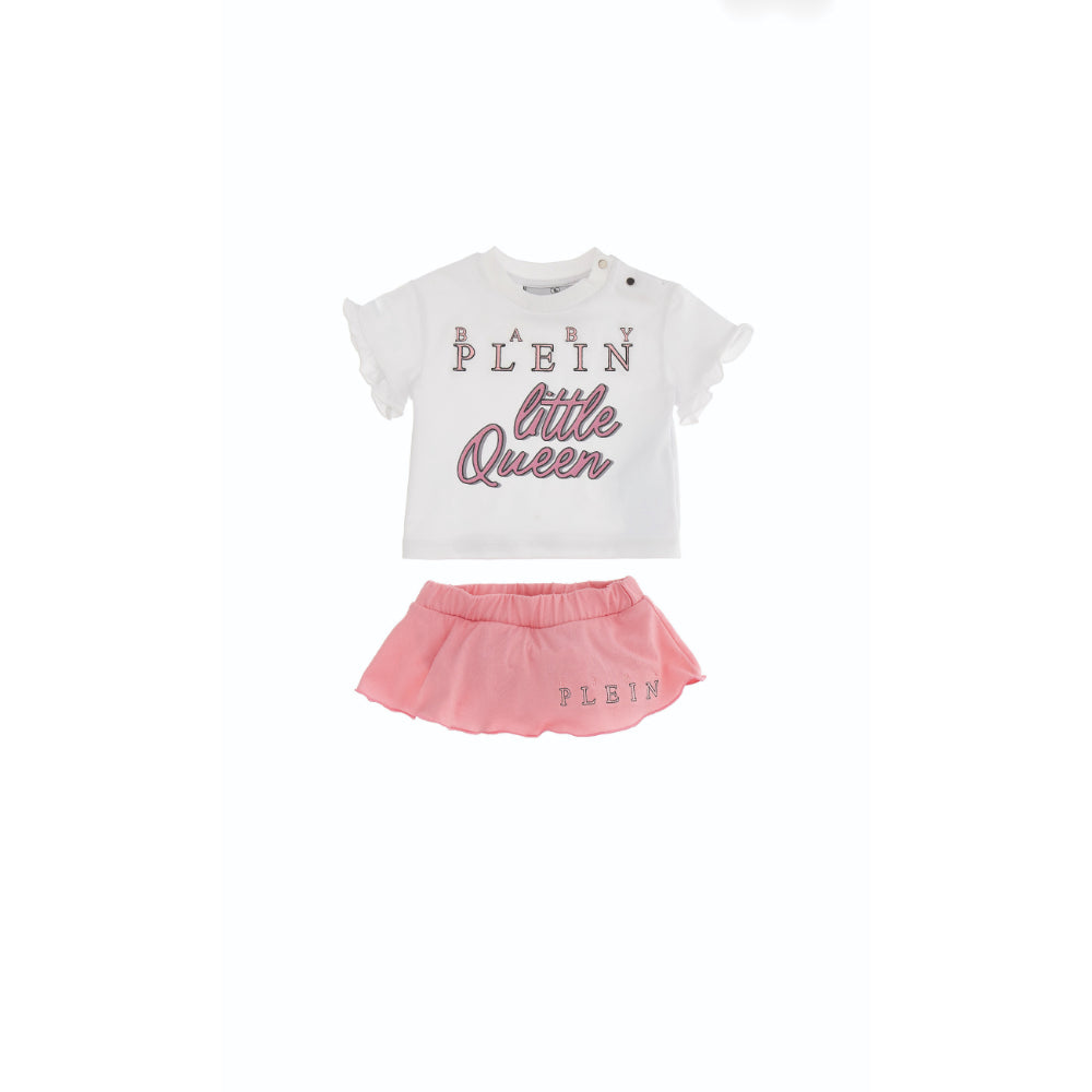Philipp Plein Kids White & Soft Pink Set T-Shirt & Skirt