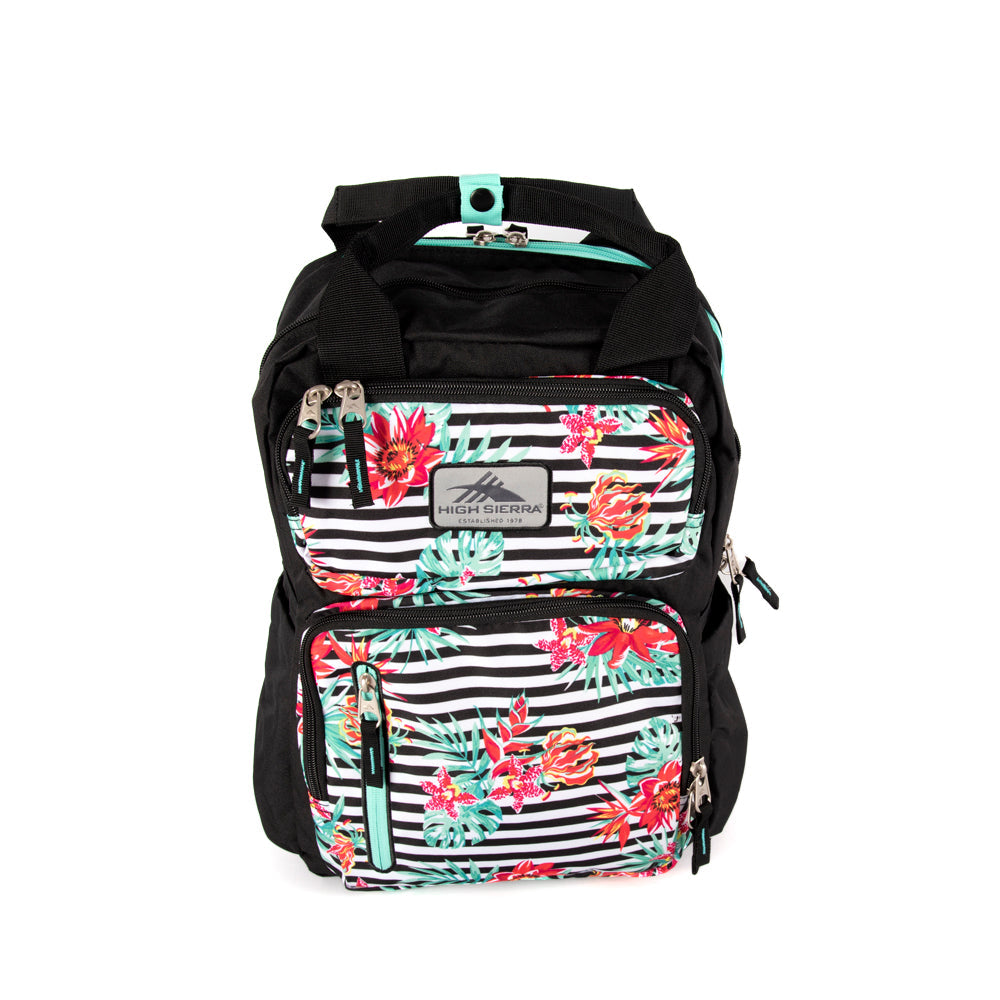 High Sierra Mindie Backpack Tropical Stripe Black Aquamarine Out