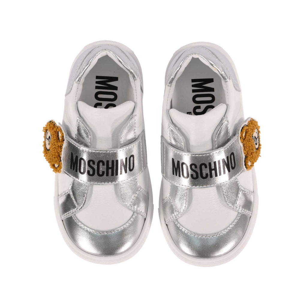 Moschino Kids Girl's White and Silver Leather Sneakers