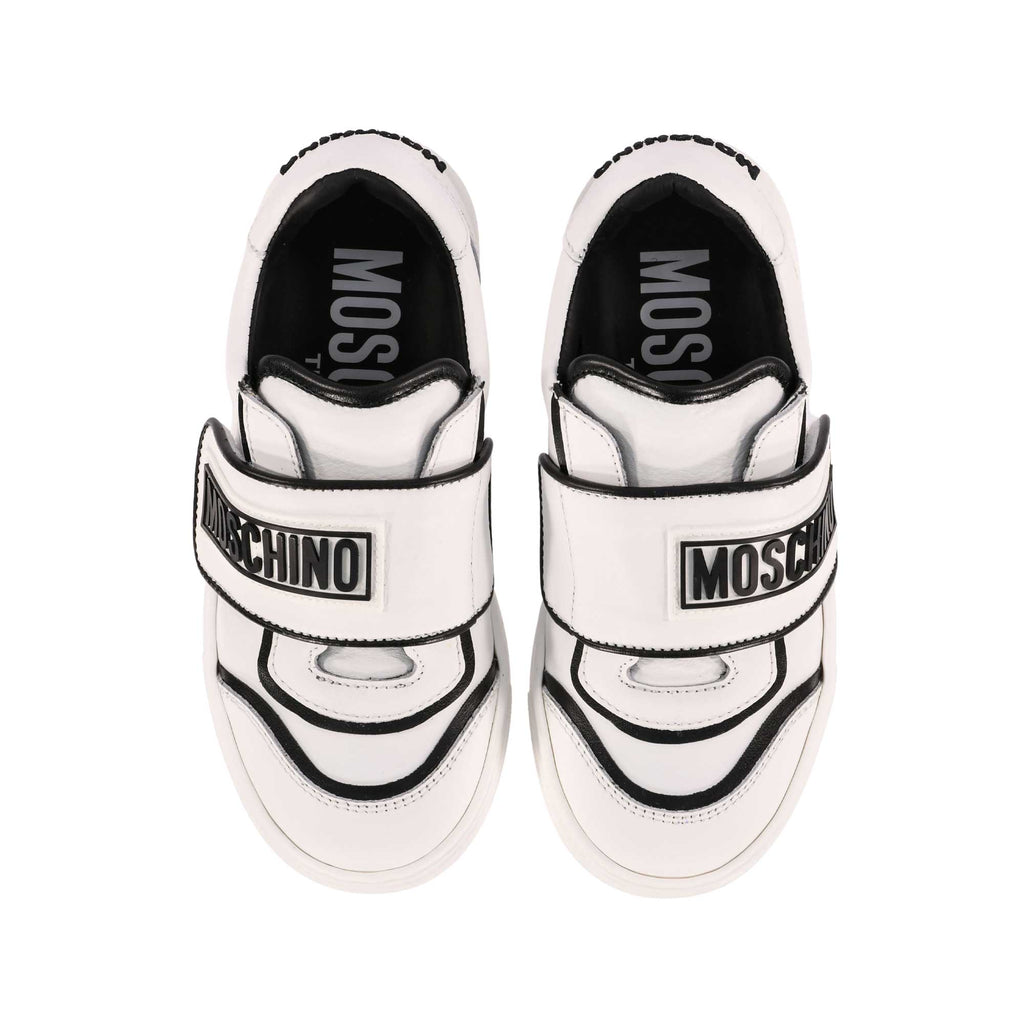 Moschino Kids Boy's White and Black Leather Sneakers