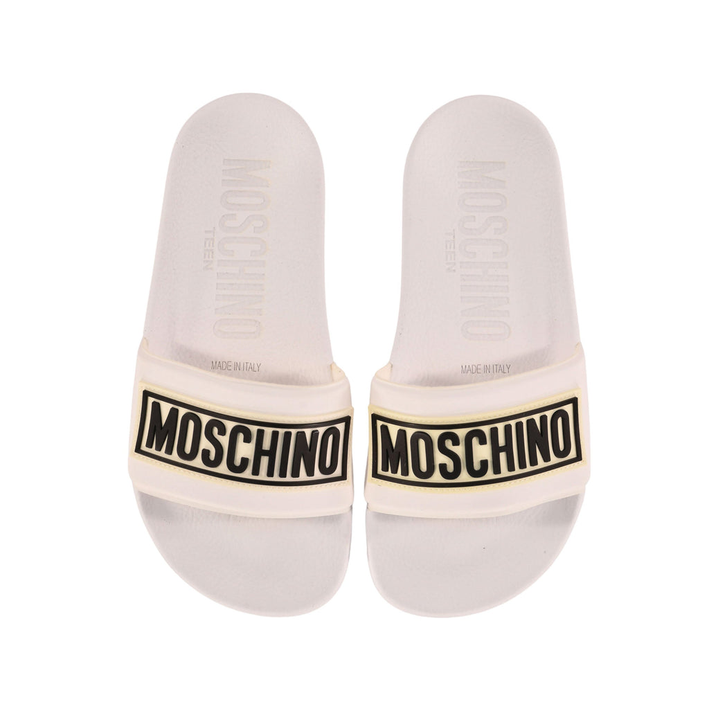 Moschino Kids Boy's White and Black Debossed-Logo Sliders