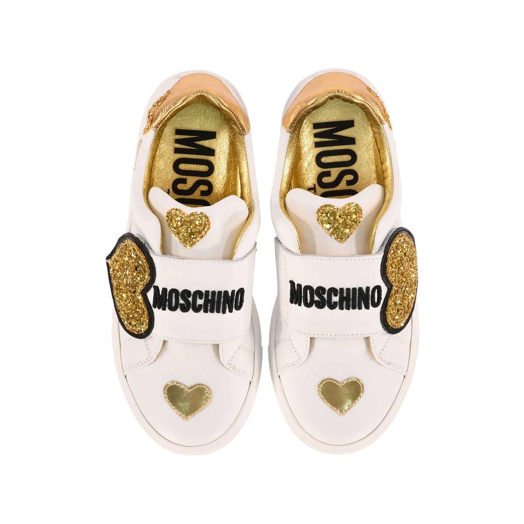 Moschino Kids Girl's White and Gold Sneakers