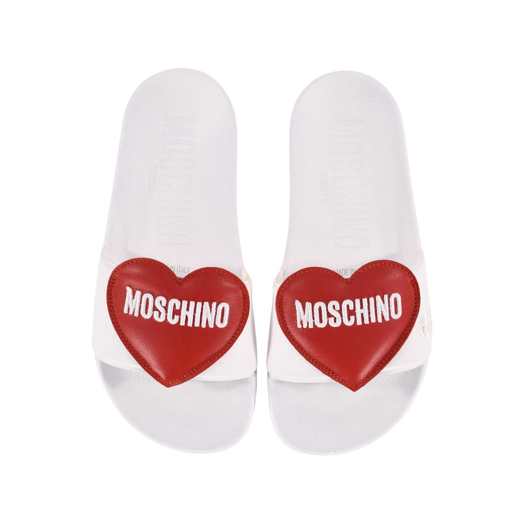 Moschino Kids Girl's Heart Patch Pool White Slides