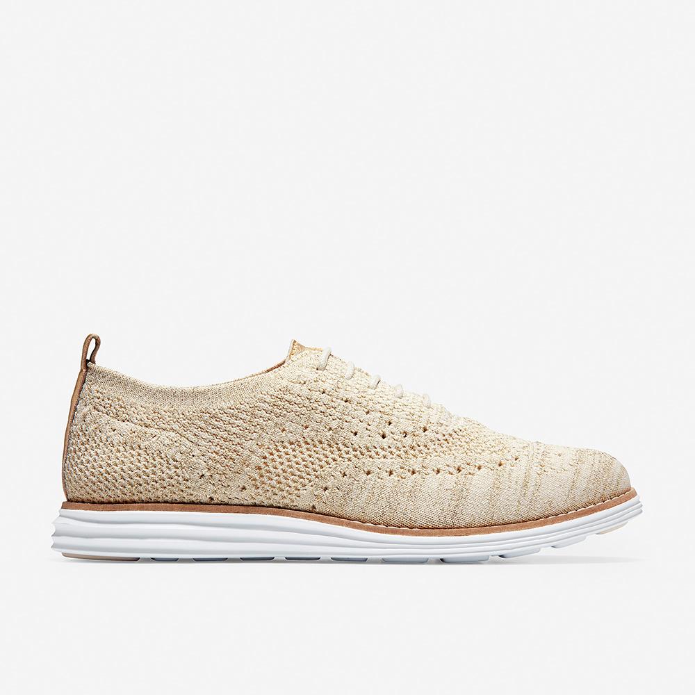 Cole Haan OriginalGrand Stitchlite Wingtip Oxford Brazilian Sand/ Gold Metallic Knit/Optic White